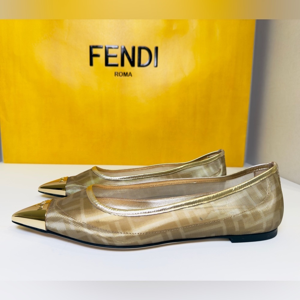 Fendi Colibri FF Mesh Ballerina Flats Gold Pointed Logo Engraved Metal Size 37 - Picture 4 of 15